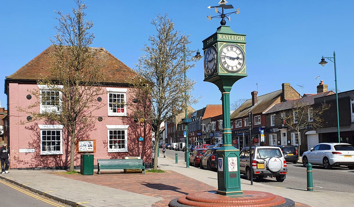 rayleigh high street with the big clock as the focus
